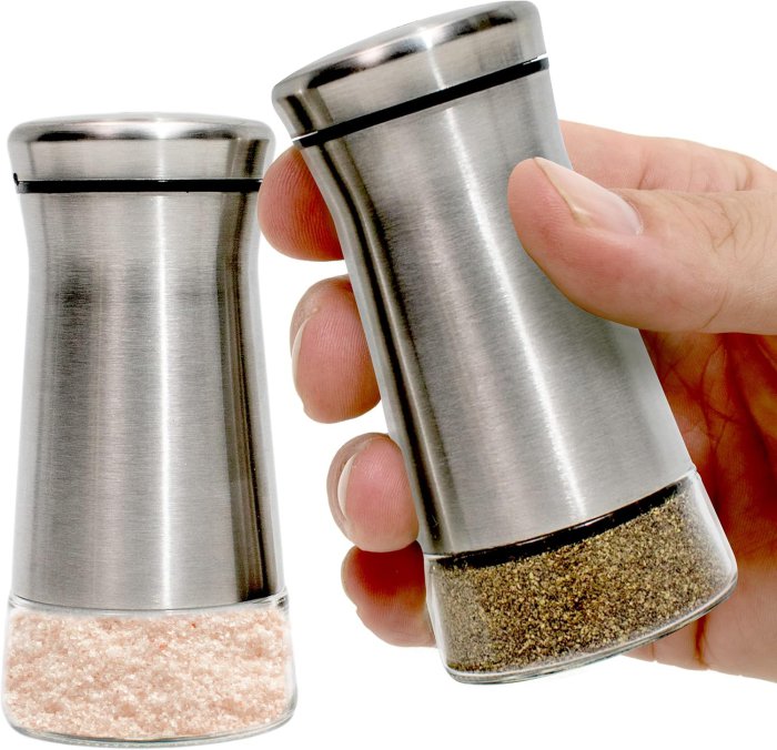 Salt and Pepper Shaker Set - Stainless Steel & Glass